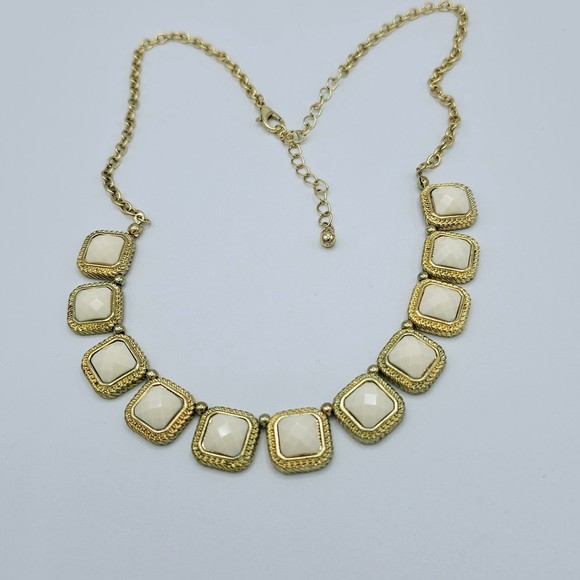 Square Station Necklace Cream Gems Goldtone Picture Frame Feminine Jewelry - Picture 4 of 8